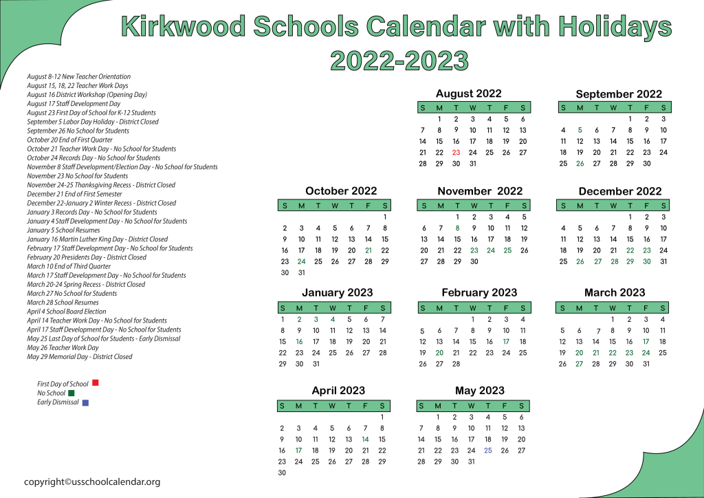 Kirkwood Schools Calendar with Holidays 2022-2023