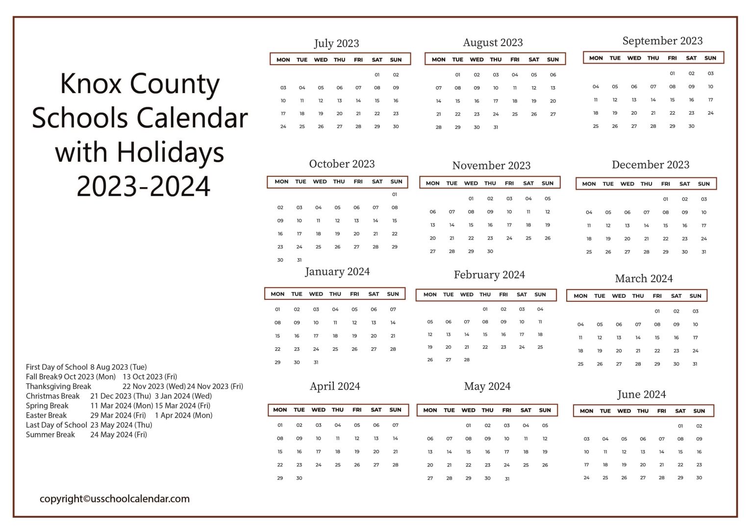 Knox County Schools Calendar with Holidays 20232024