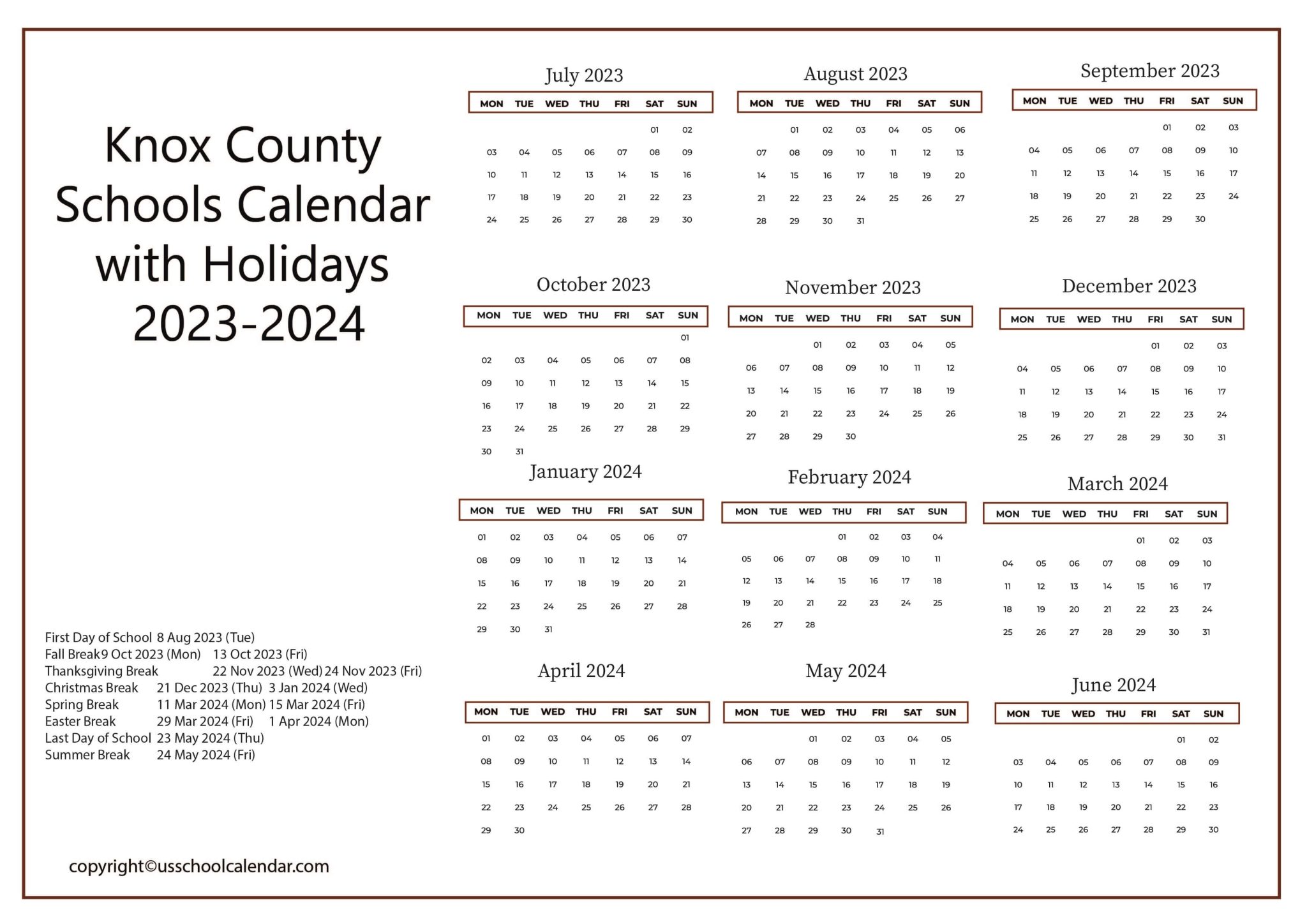 Knox County Schools Calendar with Holidays 2023 2024