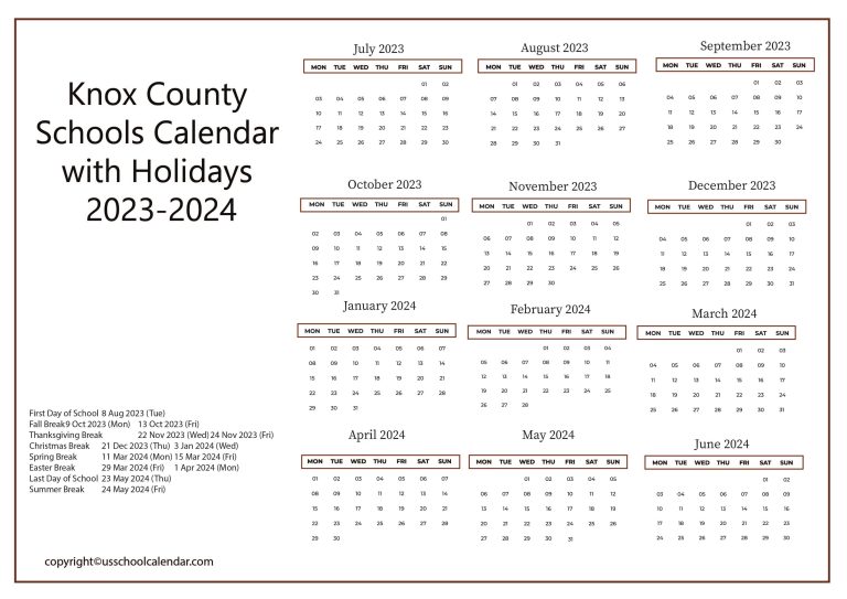 Knox County Schools Calendar with Holidays 2023 2024