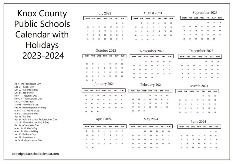Knox County Public Schools Calendar with Holidays 20232024