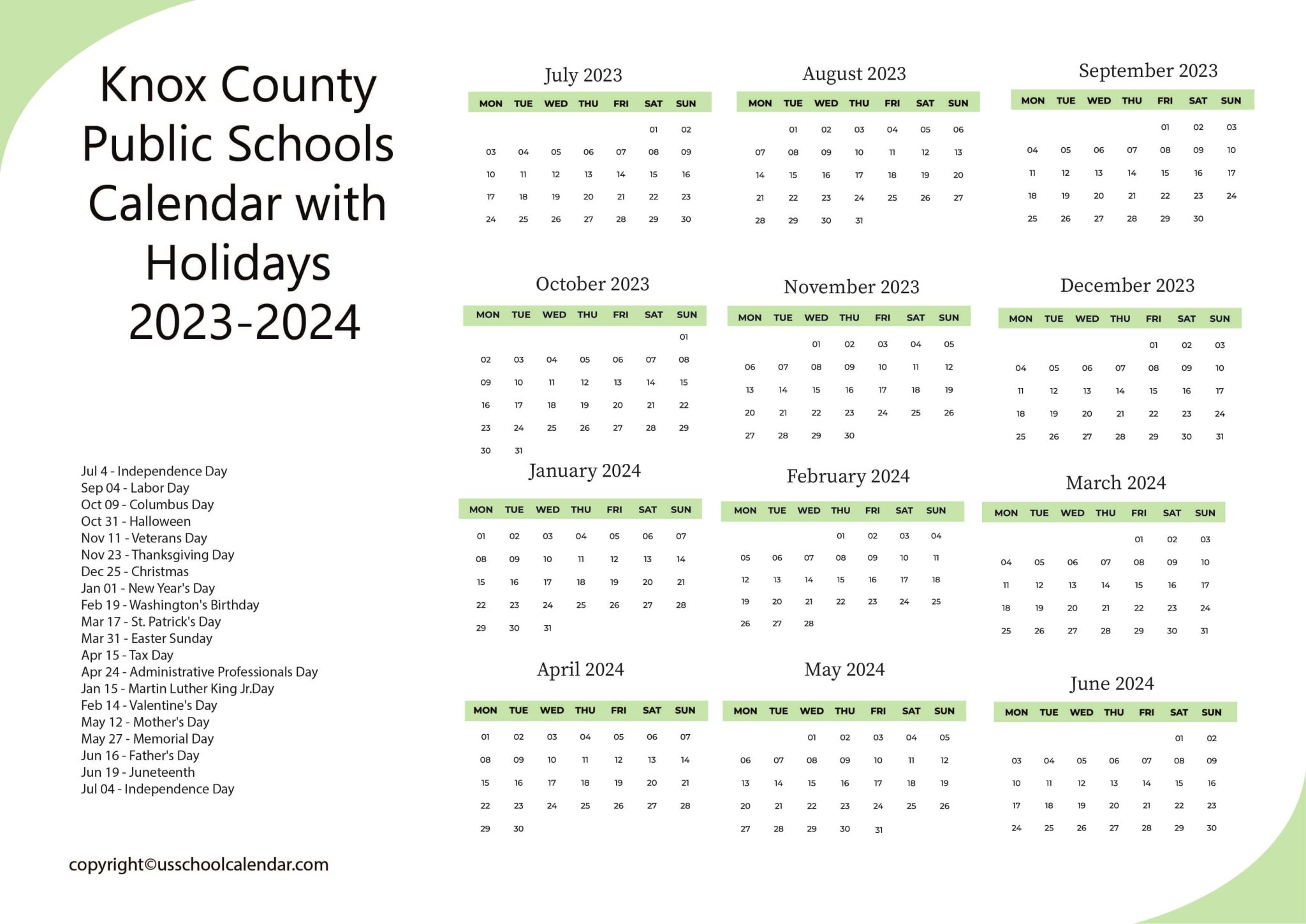 Knox County Public Schools Calendar with Holidays 20232024