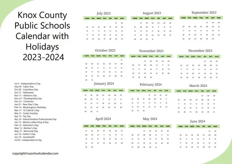 Knox County Public Schools Calendar with Holidays 20232024