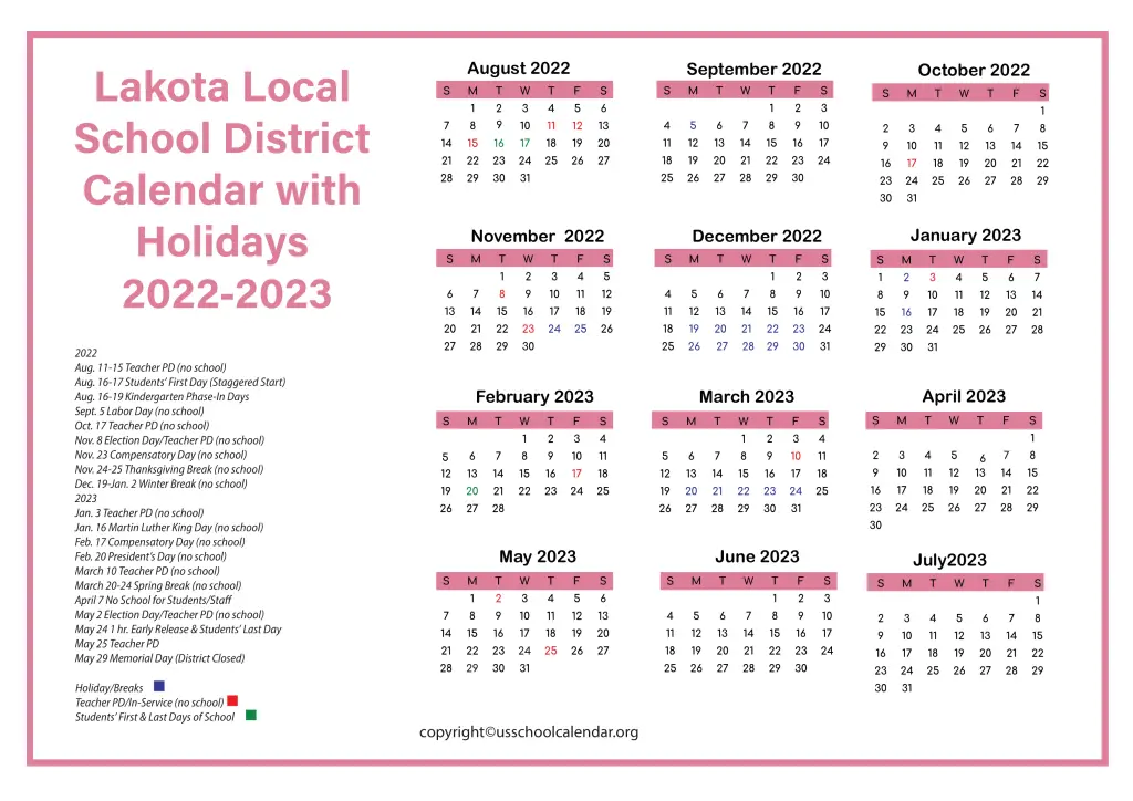Lakota Local School District Calendar with Holidays 2022-2023