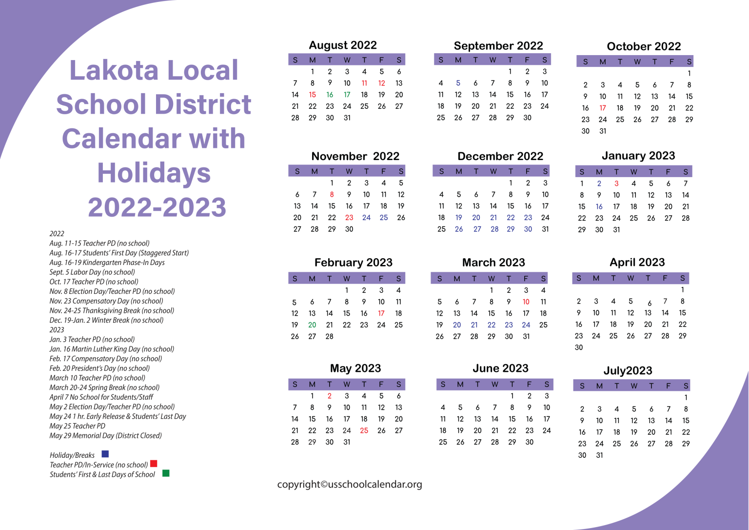 Lakota Local School District Calendar with Holidays 2023