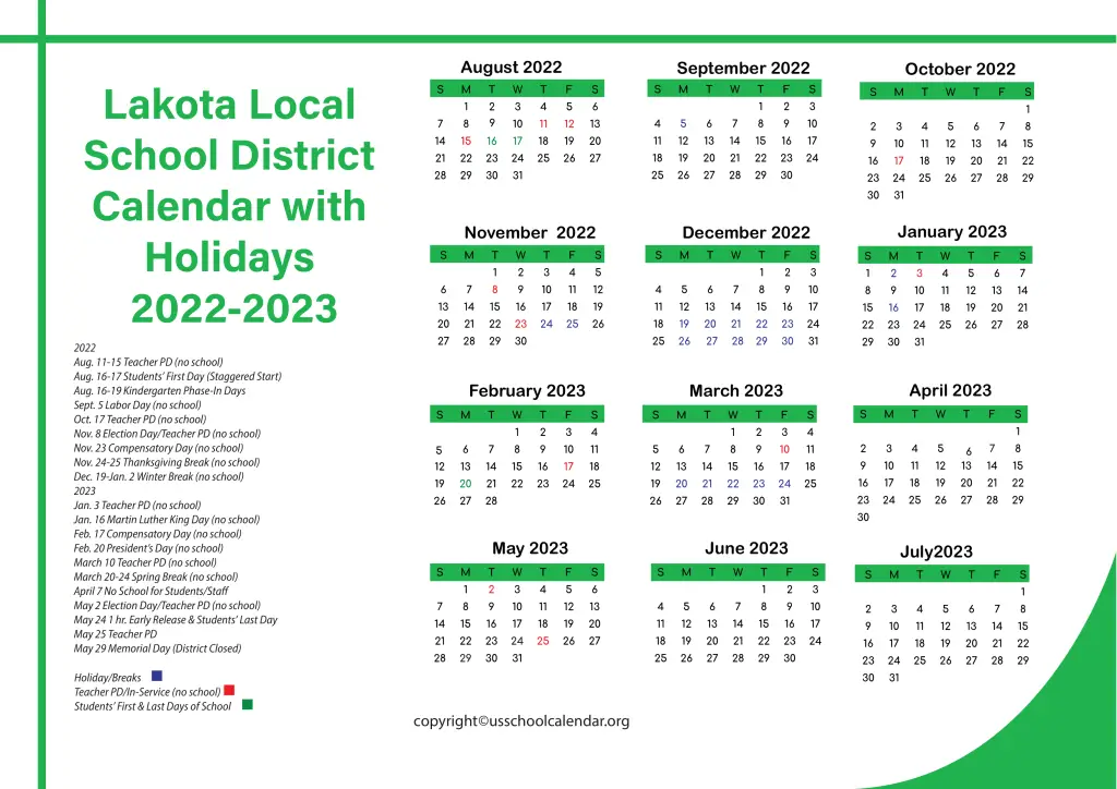 Lakota Local School District Calendar with Holidays 2022-2023 3
