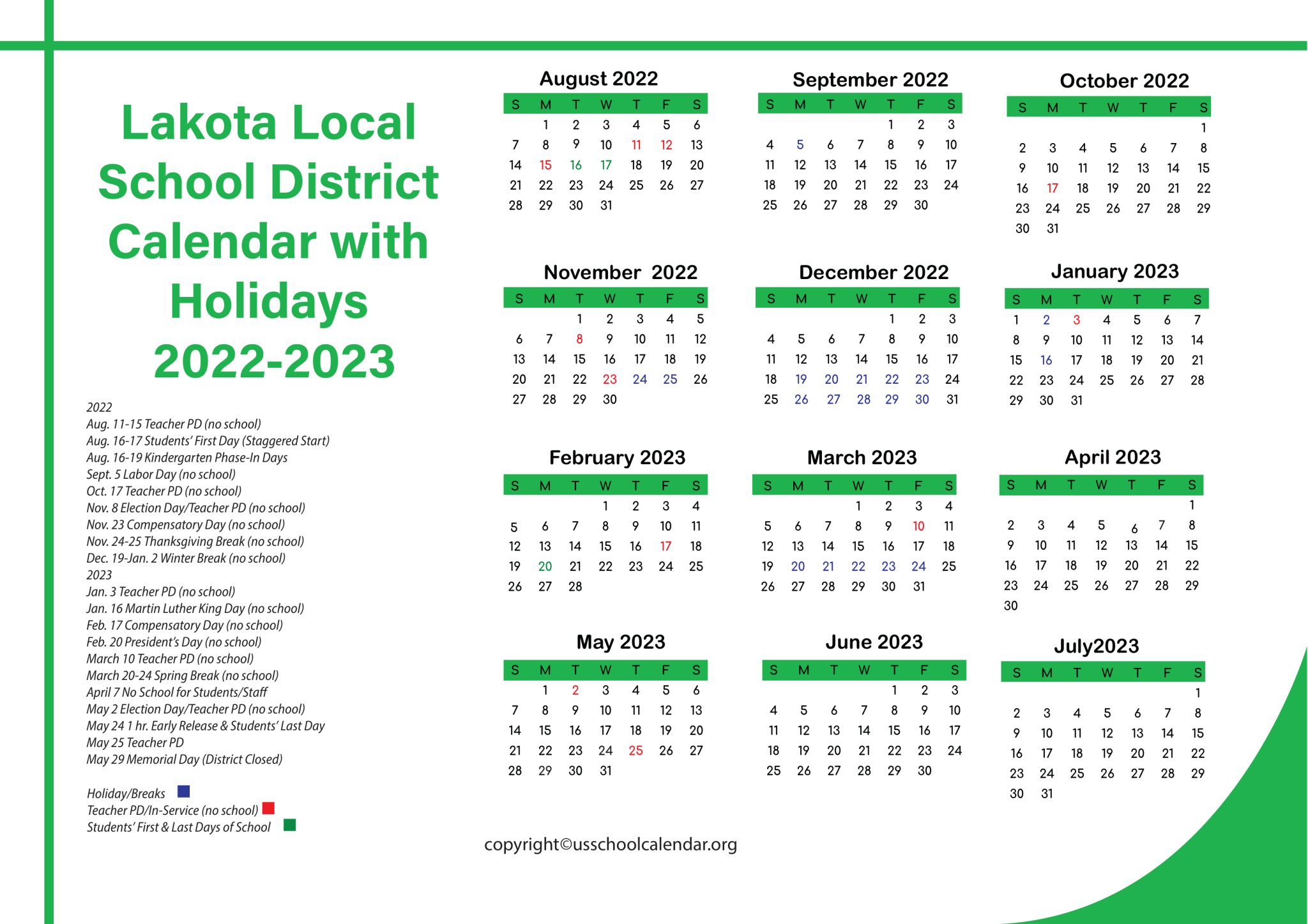 Lakota Local School District Calendar with Holidays 2023