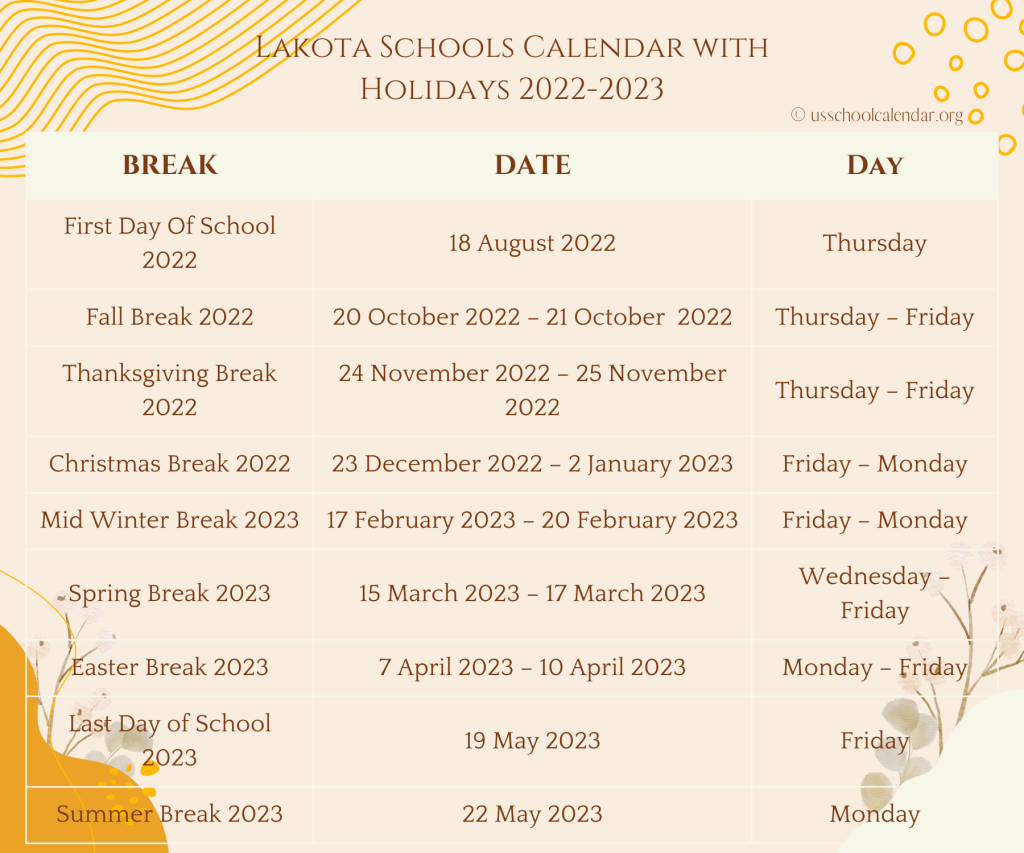 Lakota Schools Calendar with Holidays 2022-2023