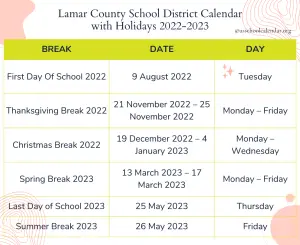 Lamar County School District Calendar with Holidays 2022-2023