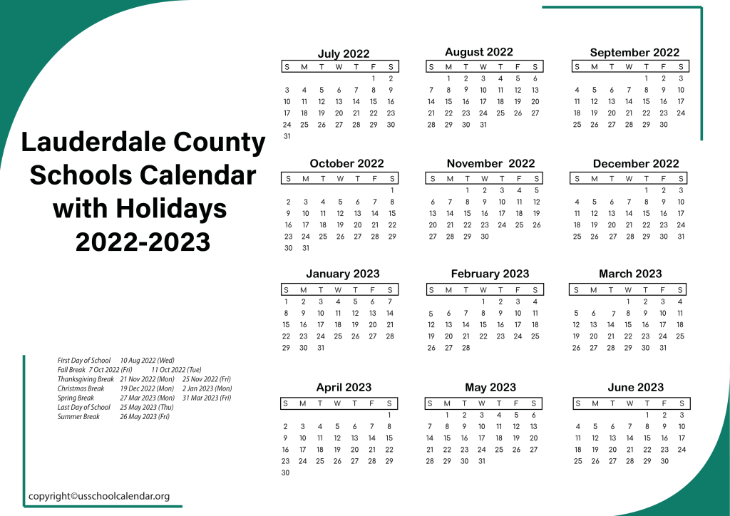 Lauderdale County Schools Calendar with Holidays 2022-2023