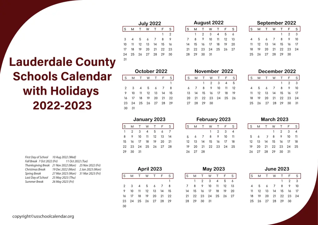 Lauderdale County Schools Calendar with Holidays 2022-2023 2