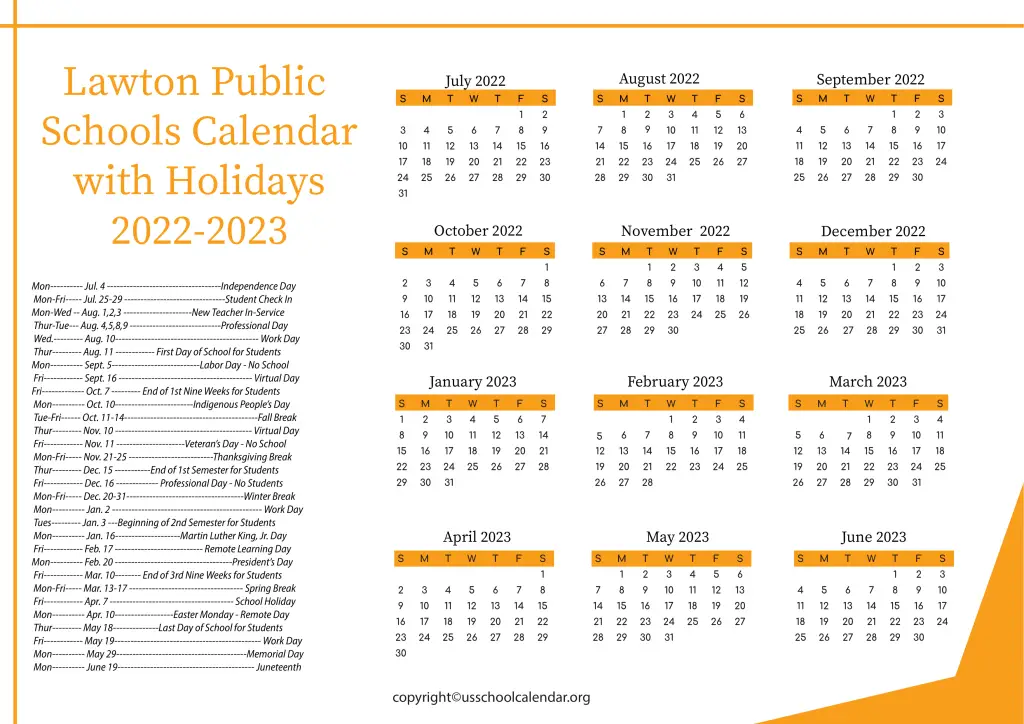 Lawton Public Schools Calendar with Holidays 2022-2023 2
