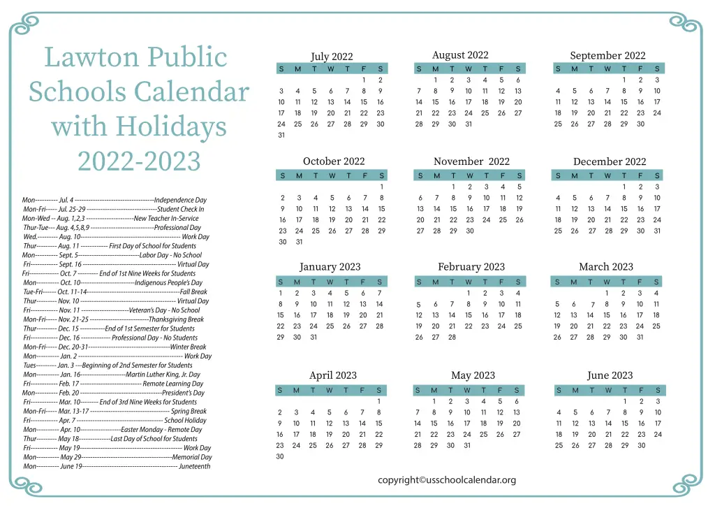Lawton Public Schools Calendar with Holidays 2022-2023 3
