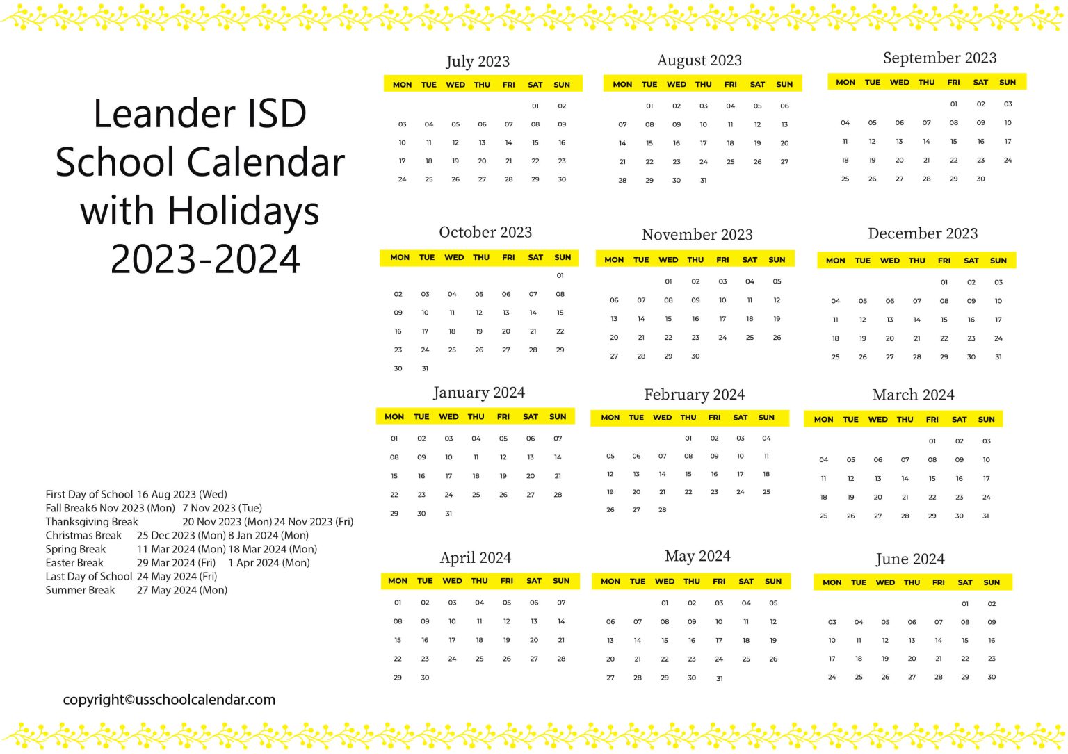Leander ISD School Calendar with Holidays 20232024