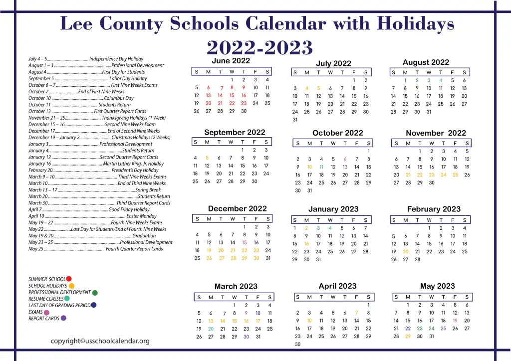 Lee County Schools Calendar with Holidays 2022-2023 2