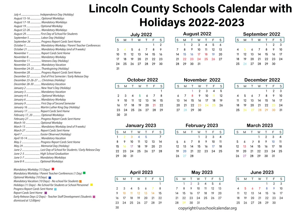 Lincoln County Schools Calendar with Holidays 2022-2023
