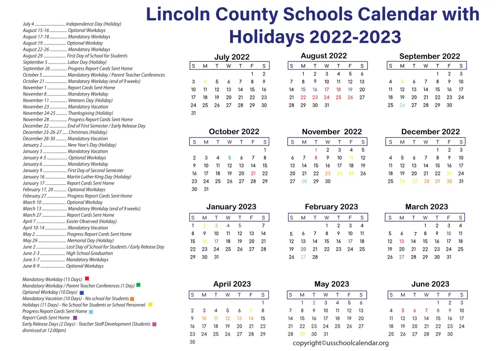 Lincoln County Schools Calendar with Holidays 2022-2023 2