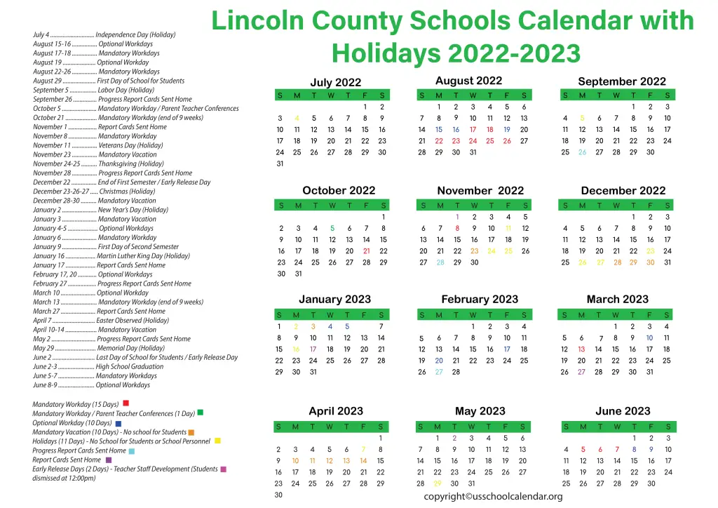 Lincoln County Schools Calendar with Holidays 2022-2023 3