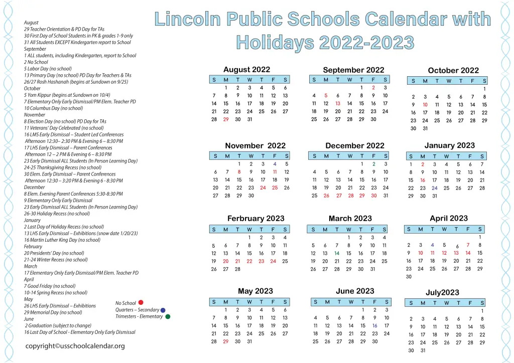 Lincoln Public Schools Calendar with Holidays 2022-2023