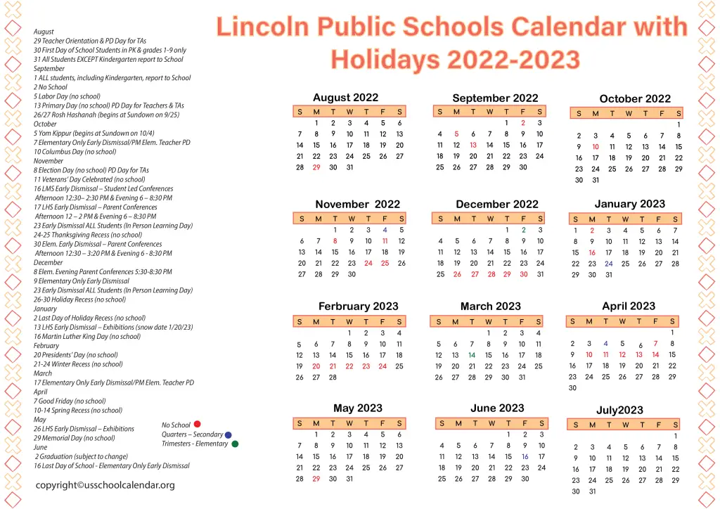 Lincoln Public Schools Calendar with Holidays 2022-2023 2