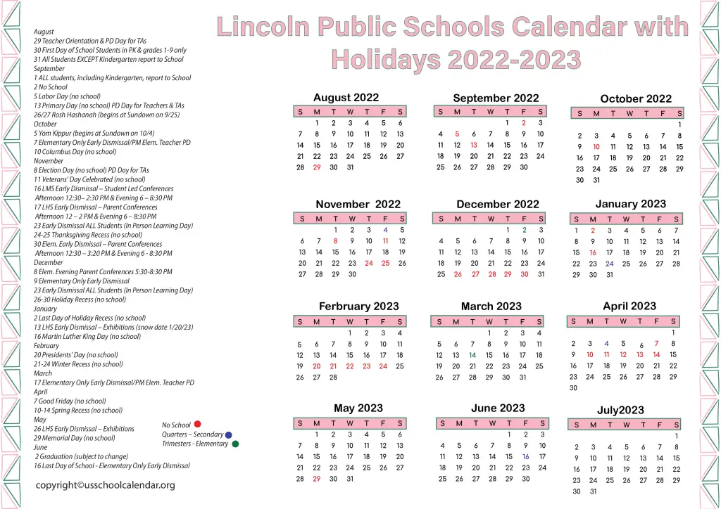 Lincoln Public Schools Calendar with Holidays 2022-2023 3