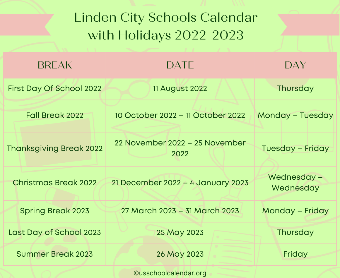 Linden City Schools Calendar with Holidays 2022 2023
