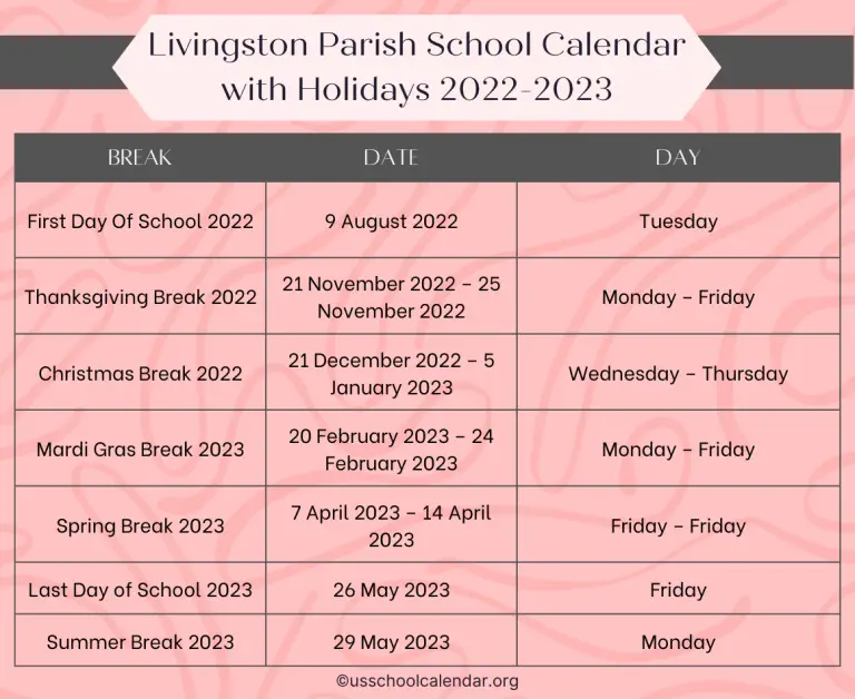 Livingston Parish School Calendar With Holidays 2022 2023 768x628 