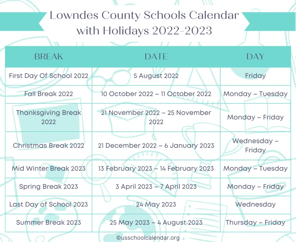 Lowndes County Schools Calendar with Holidays 2022-2023