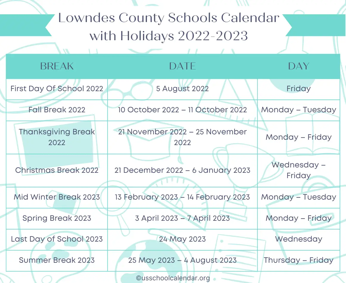 Lowndes County Schools Calendar with Holidays 2023-2024
