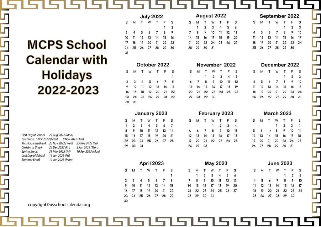 MCPS School Calendar with Holidays 2022-2023