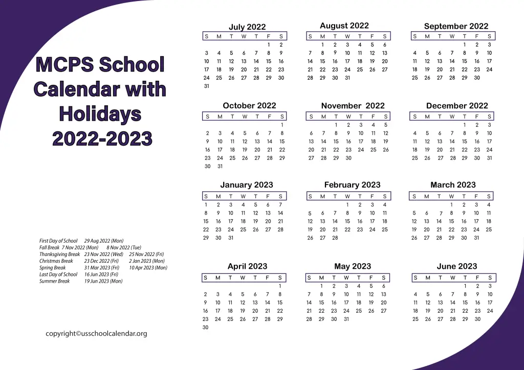 MCPS School Calendar with Holidays 2022-2023 2