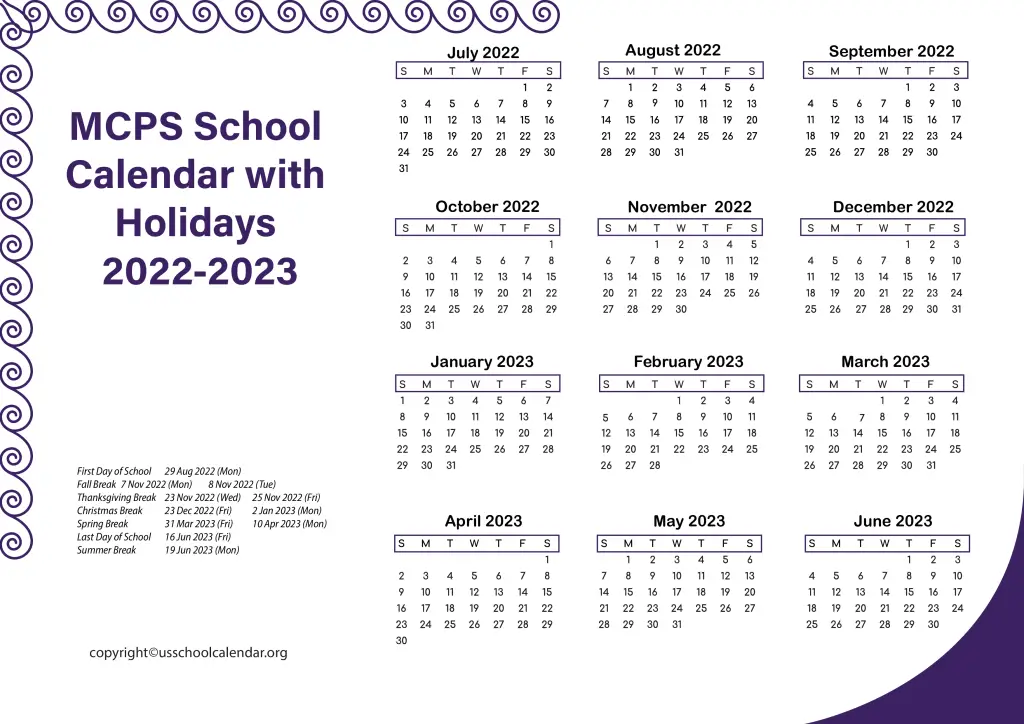 MCPS School Calendar with Holidays 2022-2023 3