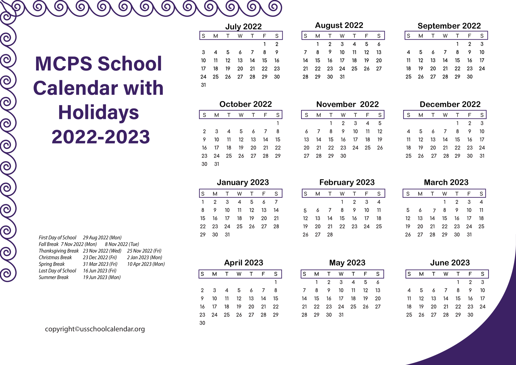 MCPS School Calendar Holidays 20222023 [Montgomery County]