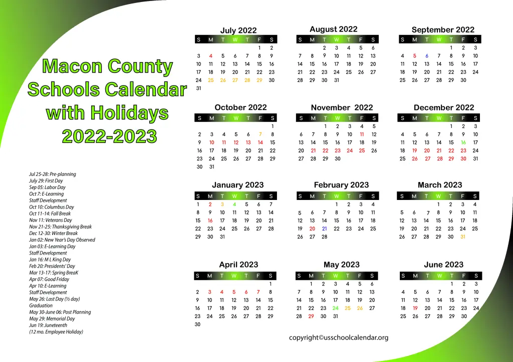 Macon County Schools Calendar with Holidays 2022-2023