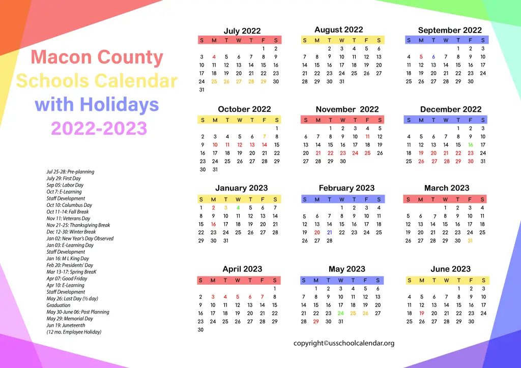Macon County Schools Calendar with Holidays 2022-2023 2