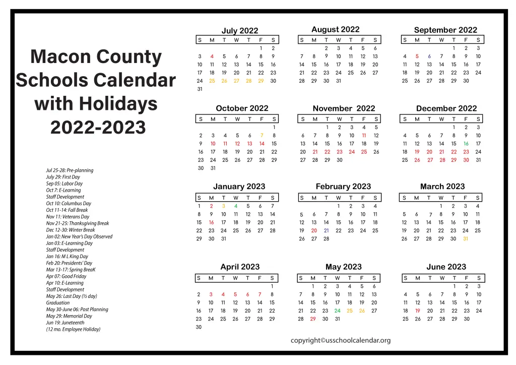 Macon County Schools Calendar with Holidays 2022-2023 3