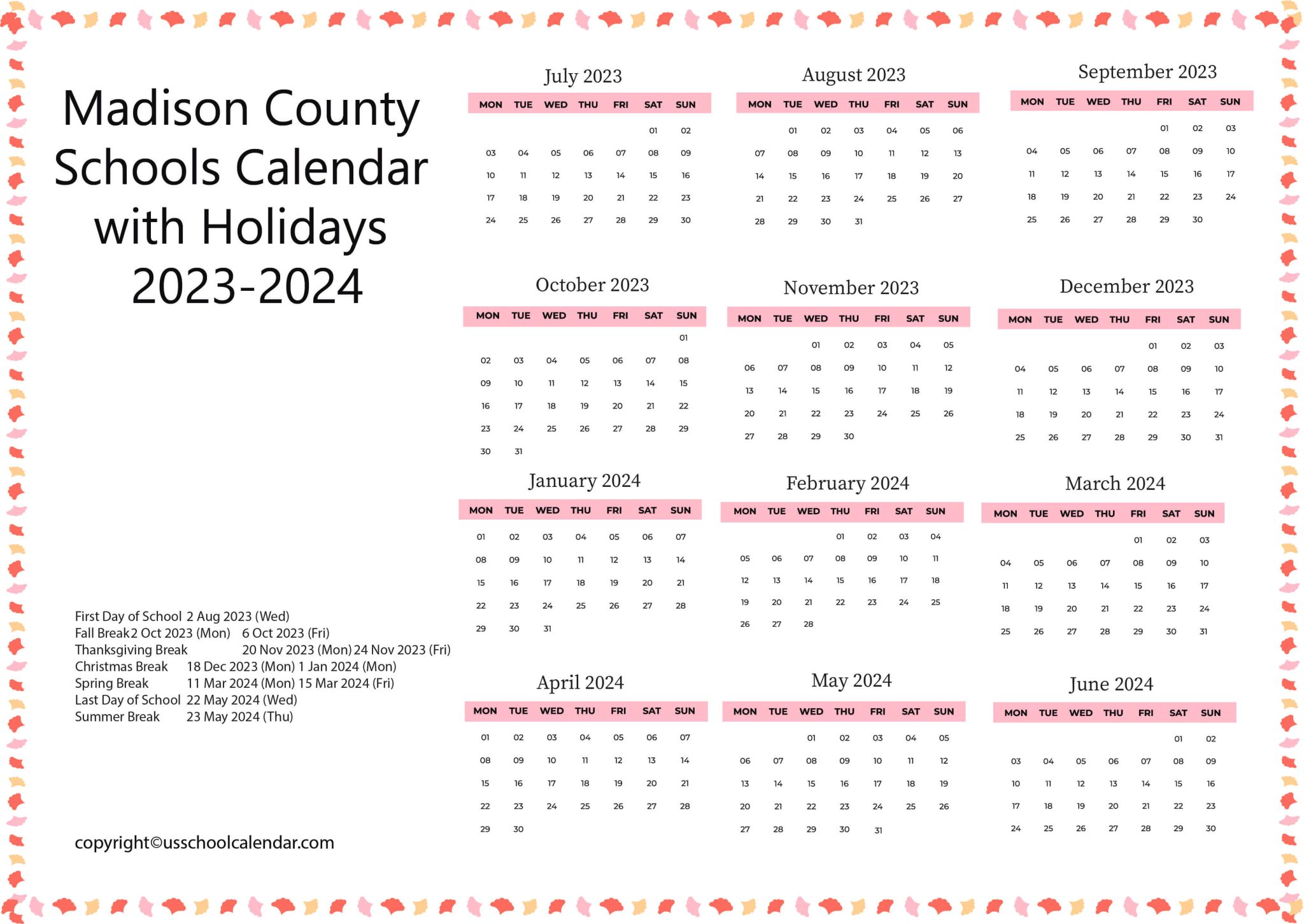 Madison County Schools Calendar with Holidays 20232024