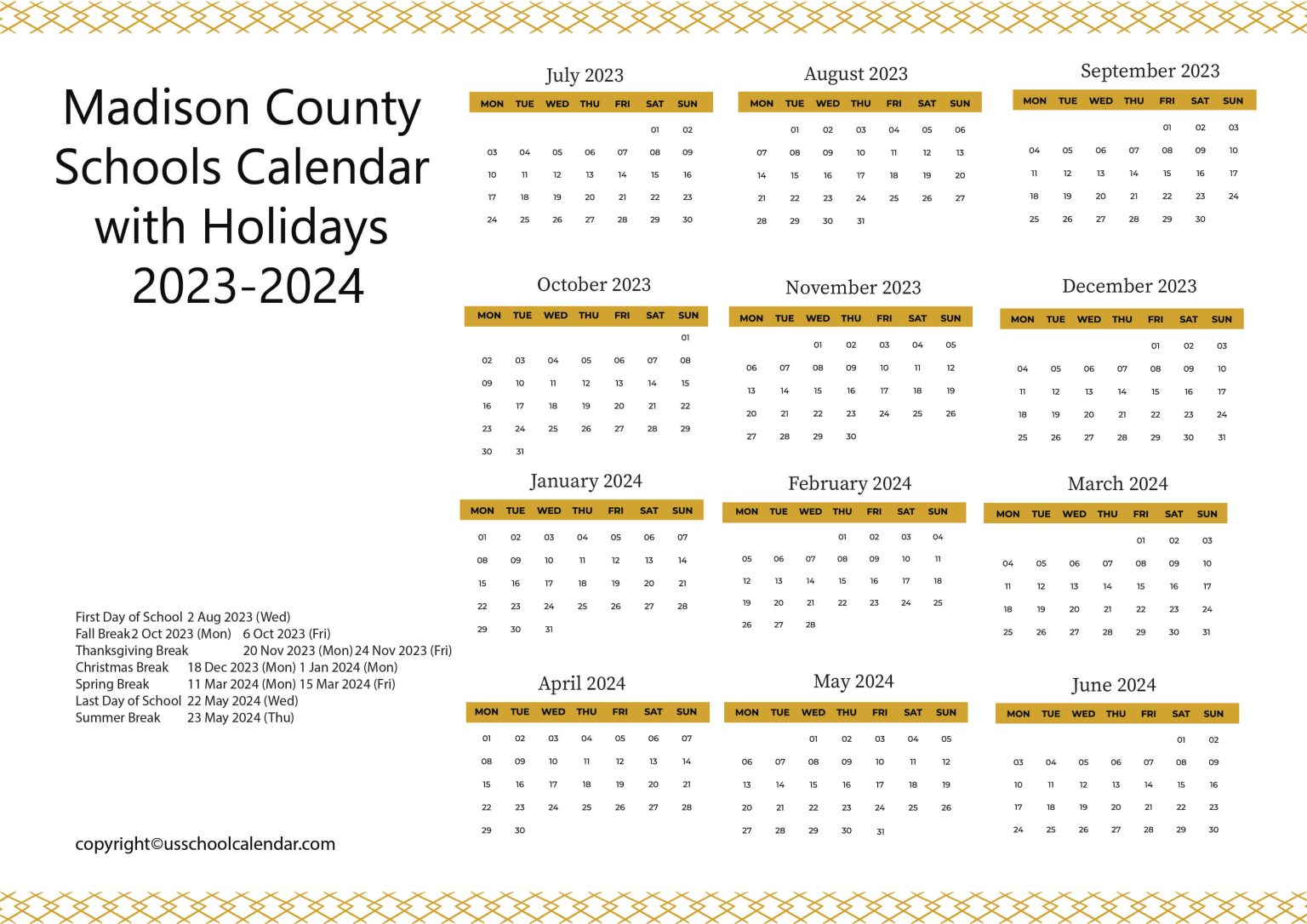 Madison County Schools Calendar with Holidays 20232024