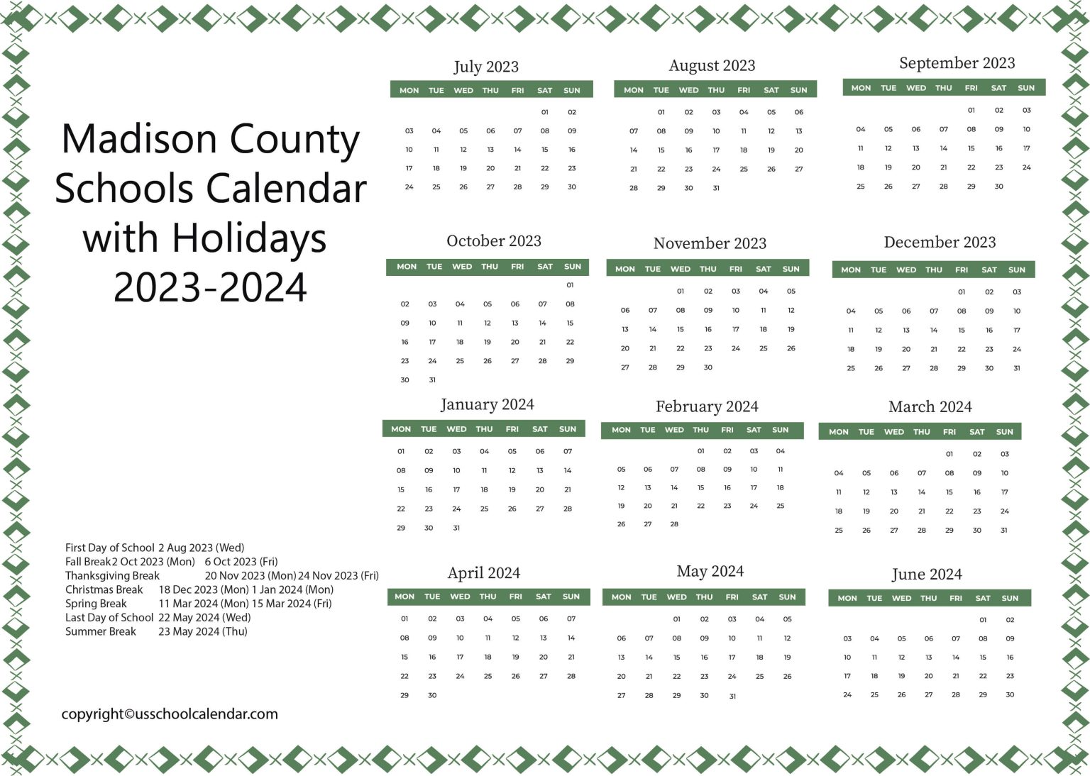 Madison County Schools Calendar with Holidays 20232024