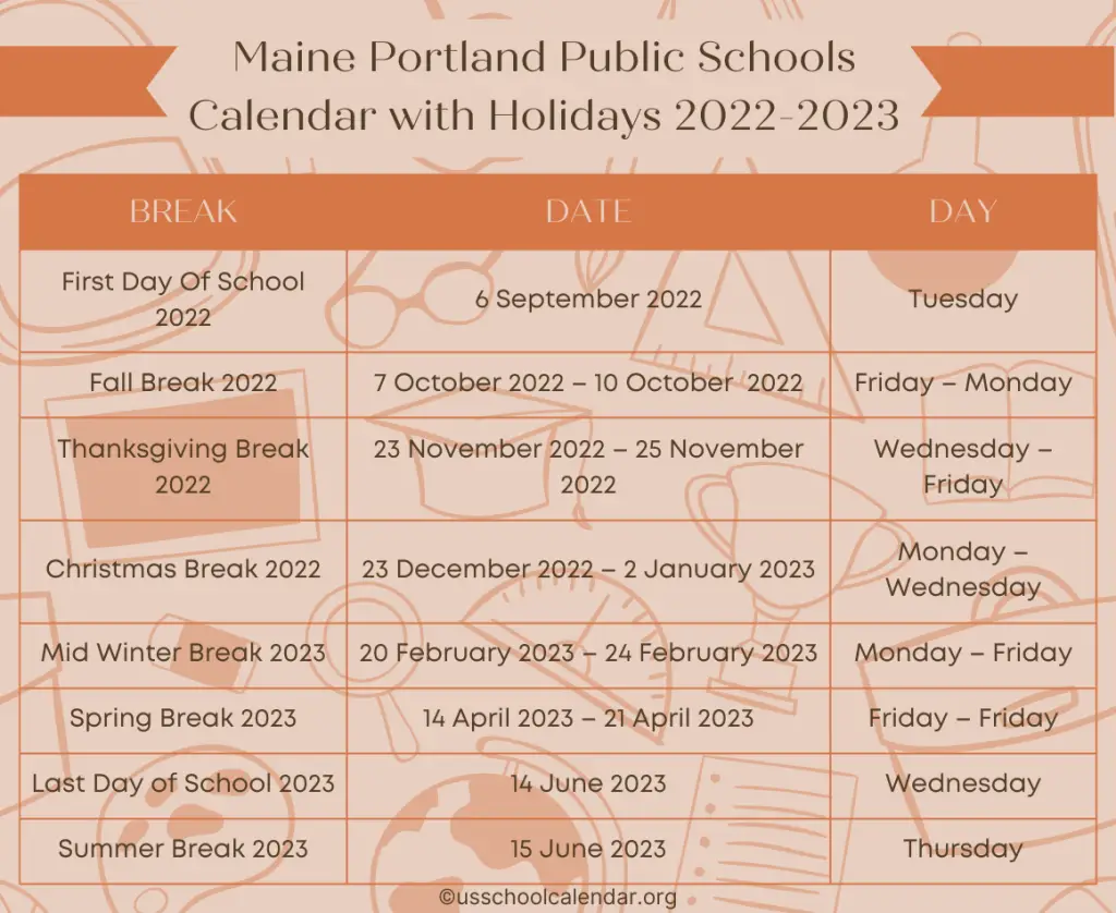 Maine Portland Public Schools Calendar with Holidays 2022-2023