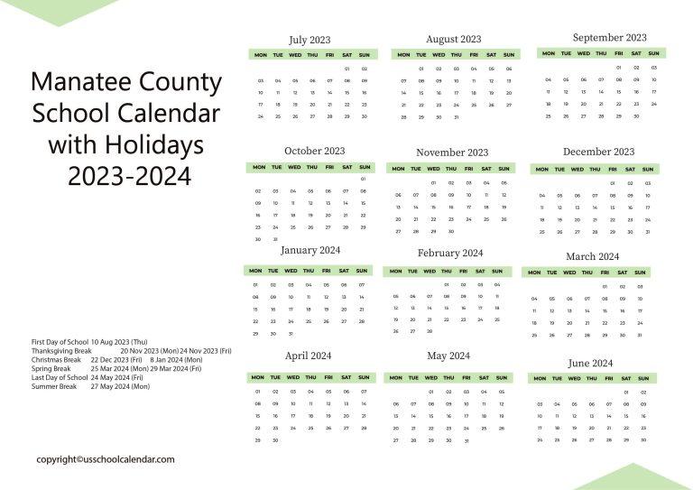Manatee County School Calendar with Holidays 20232024