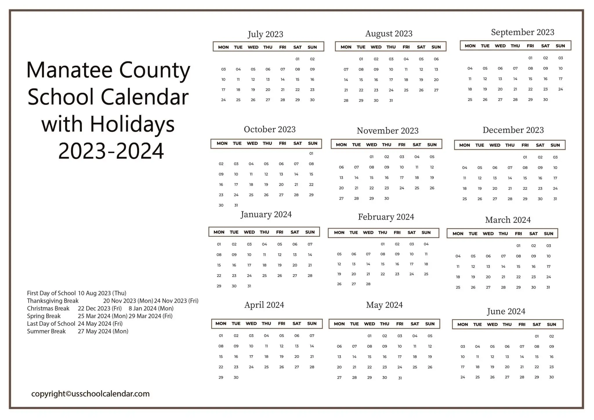 Manatee County School Calendar with Holidays 2023 2024