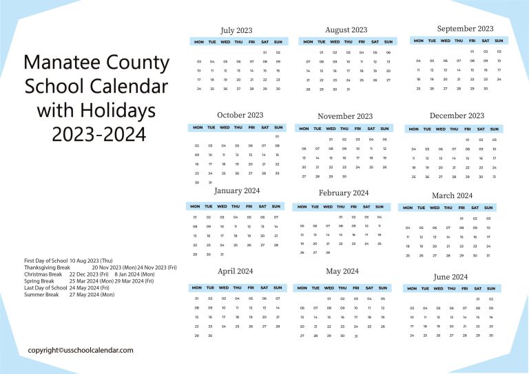 Manatee County School Calendar with Holidays 20232024