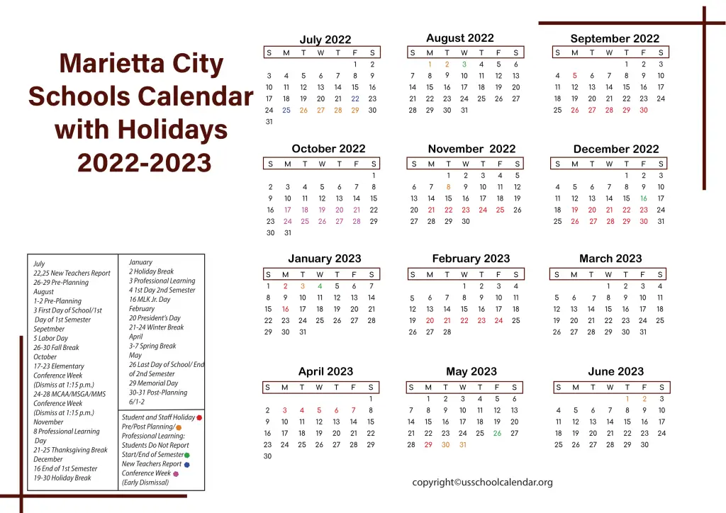 Marietta City Schools Calendar with Holidays 2022-2023