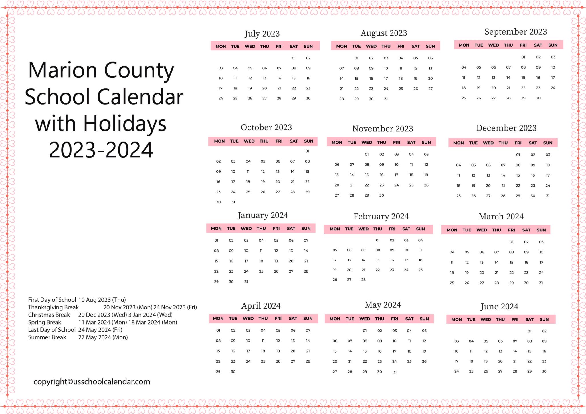 Marion County School Calendar with Holidays 20232024