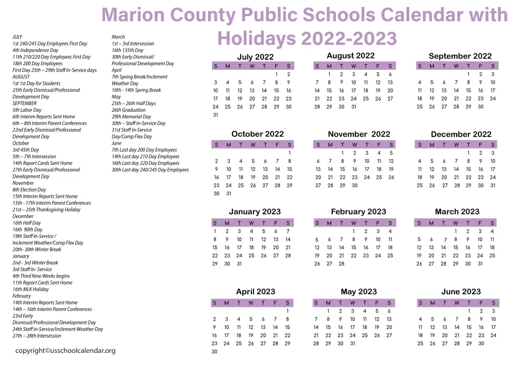 Marion County Public Schools Calendar with Holidays 2022-2023