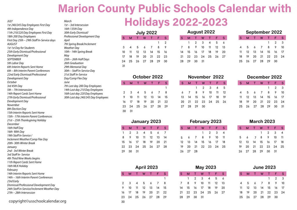 Marion County Public Schools Calendar with Holidays 2022-2023 2