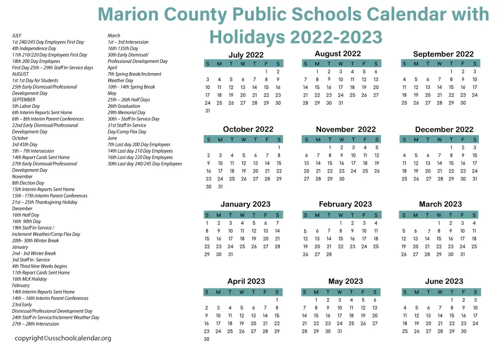 Marion County Public Schools Calendar with Holidays 2022-2023 3