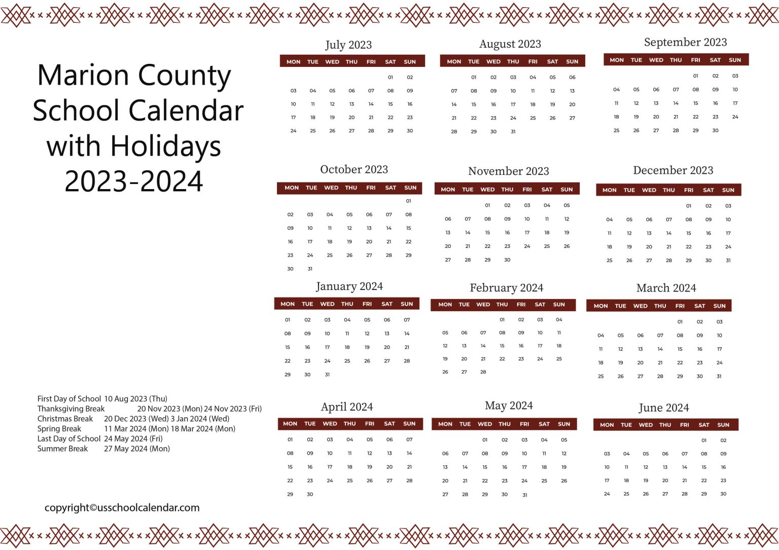 Marion County School Calendar with Holidays 2023-2024