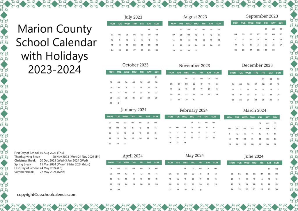 Marion County School District Calendar